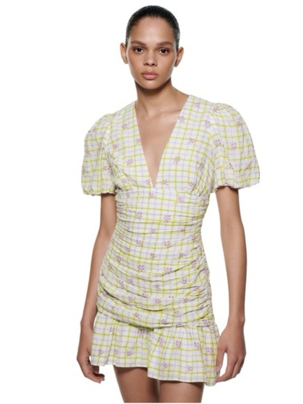 Zara Yellow & White Plaid Mini Dress with Puff Sleeves